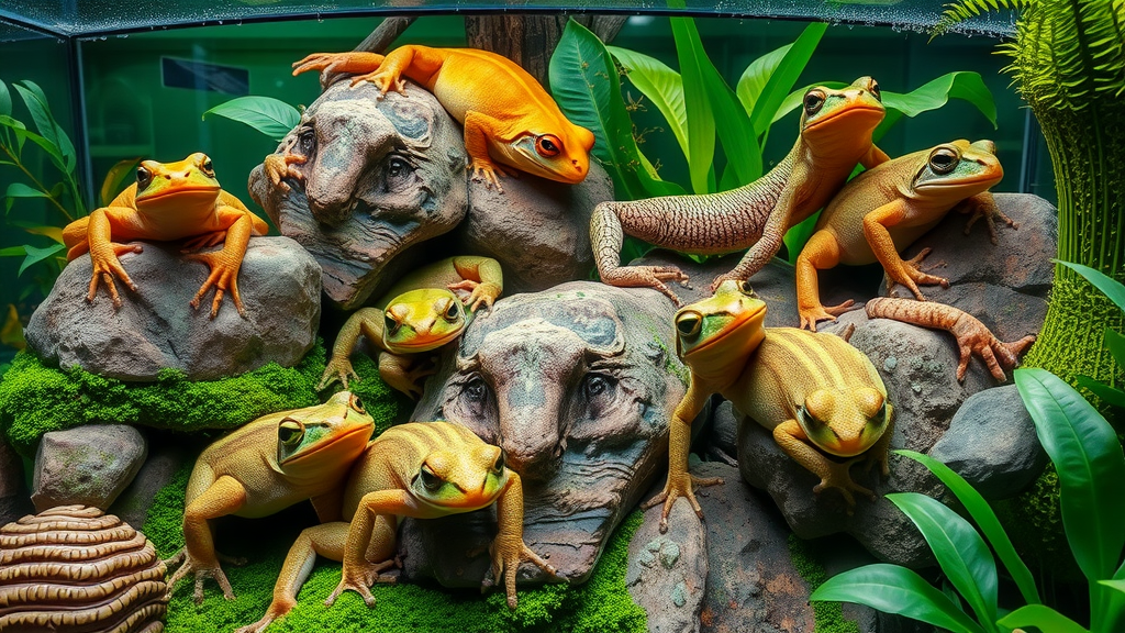 Display of multiple amphibian species in terrariums at National Amphibian Conservation Center Detroit