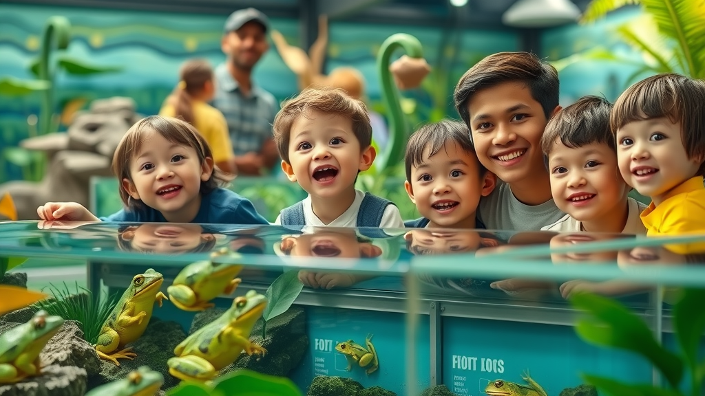 Family watches frogs at Detroit Zoo exhibit—amphibian conservation Detroit