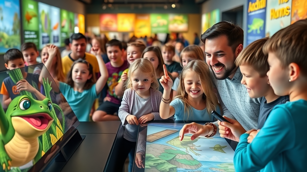 Families and children exploring interactive amphibian conservation displays at the Detroit Zoo