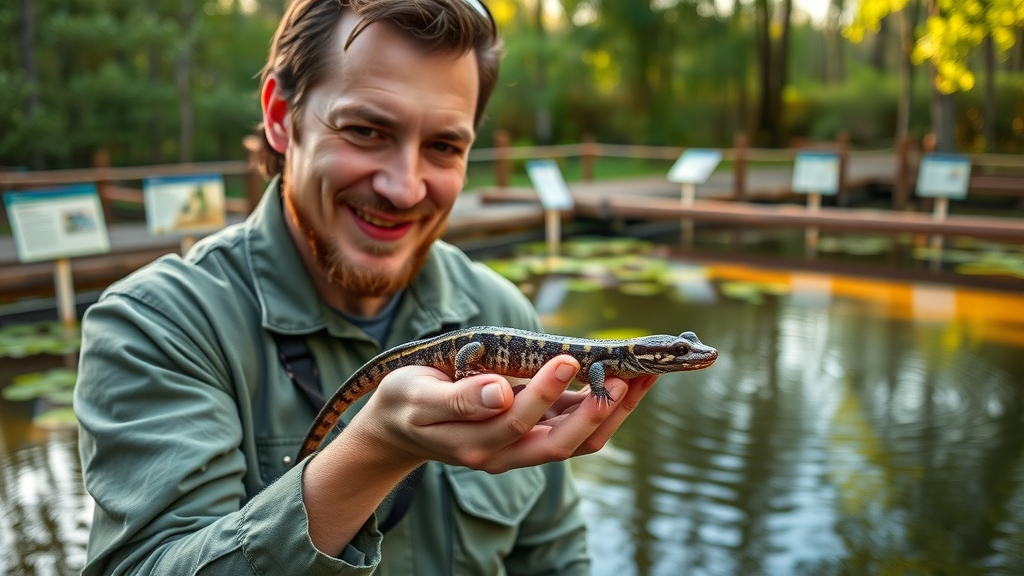 Proud Detroit Zoo zookeeper gently releasing a striped newt into a restored wetland as part of local amphibian conservation in Detroit.