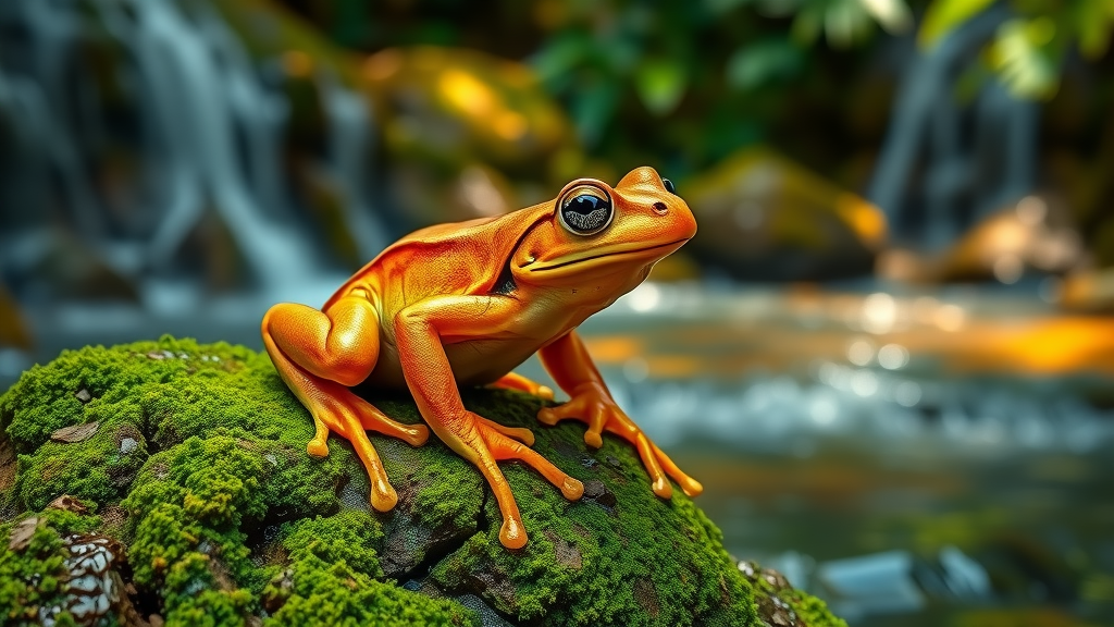 Panamanian golden frog on mossy rock in rainforest stream, Detroit Zoo conservation efforts - Macro, vibrant gold and green, water droplets, lush, dappled sunlight