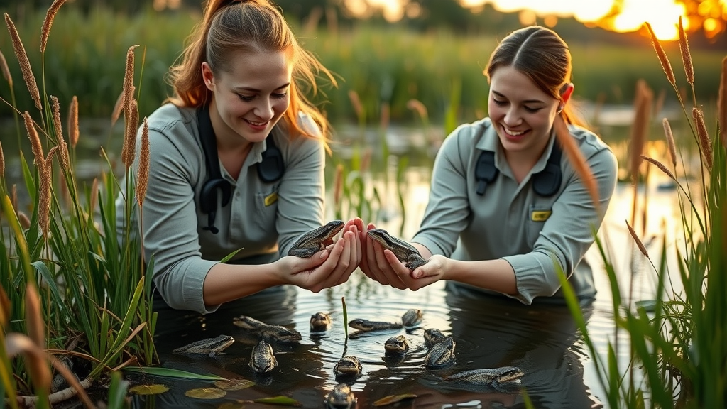 Detroit Zoo staff releasing amphbians into wetland, amphibian research and education Detroit
