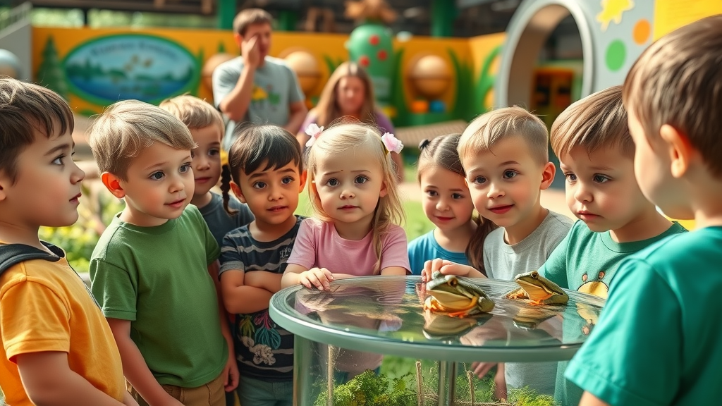 Children and naturalist observe frog habitat at Detroit Zoo—amphibian education and engagement