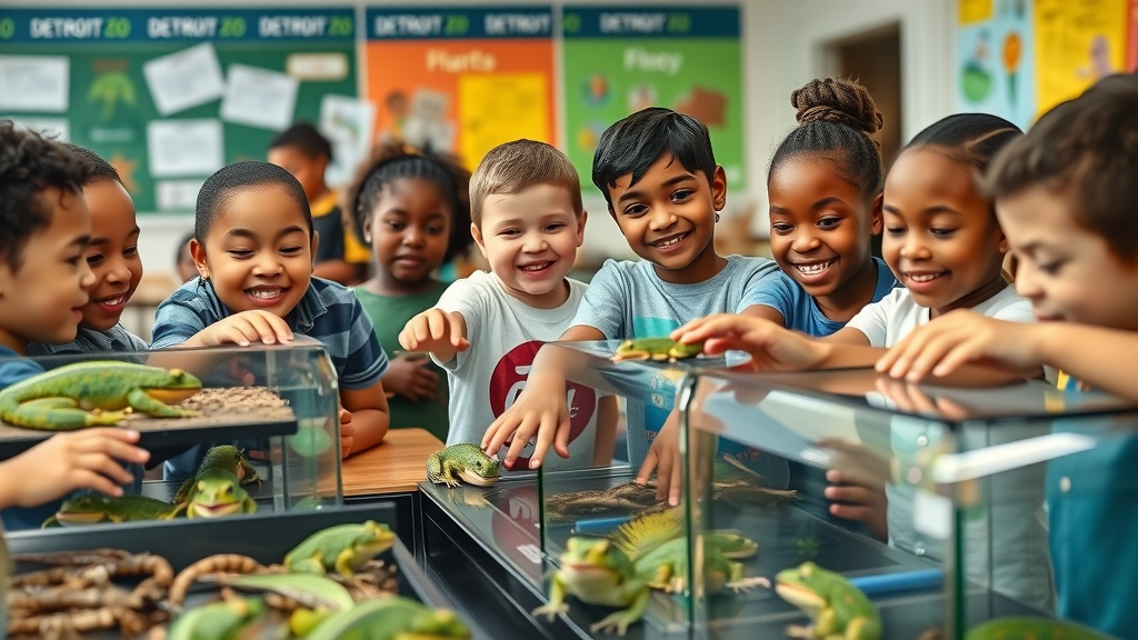 Detroit children learning about amphibians in conservation workshop, amphbibian research education Detroit