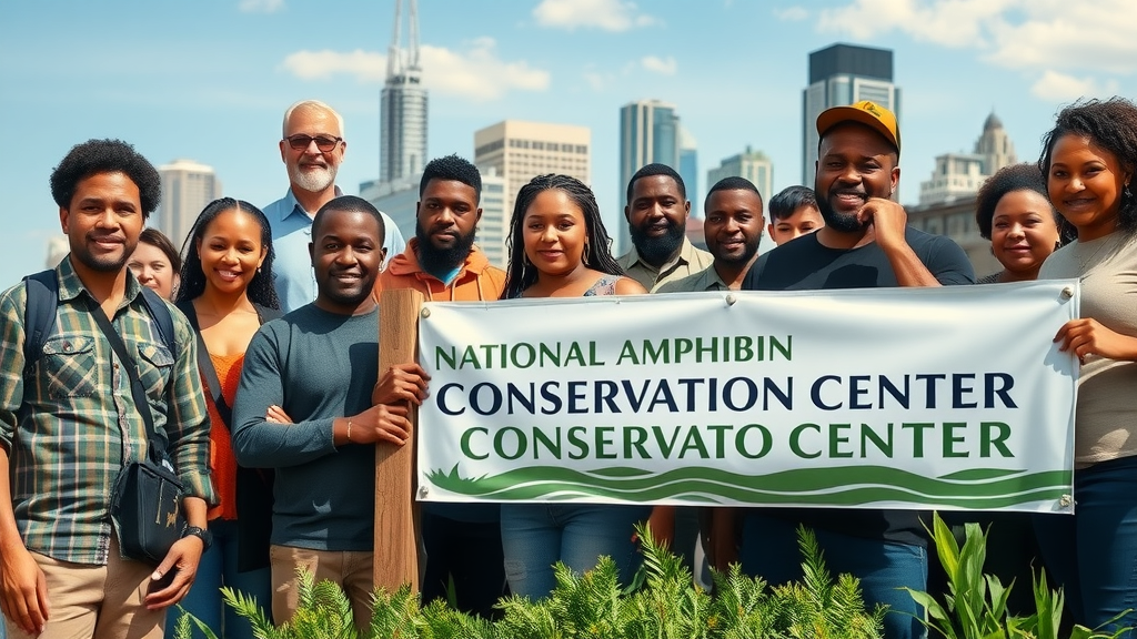 Inspiring Detroit community conservation group united beside National Amphibian Conservation Center, determined to support amphibian species protection in Detroit.