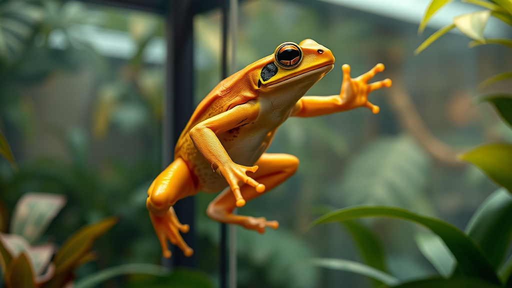 Panamanian golden frog at National Amphibian Conservation Center Detroit in a lush humid terrarium