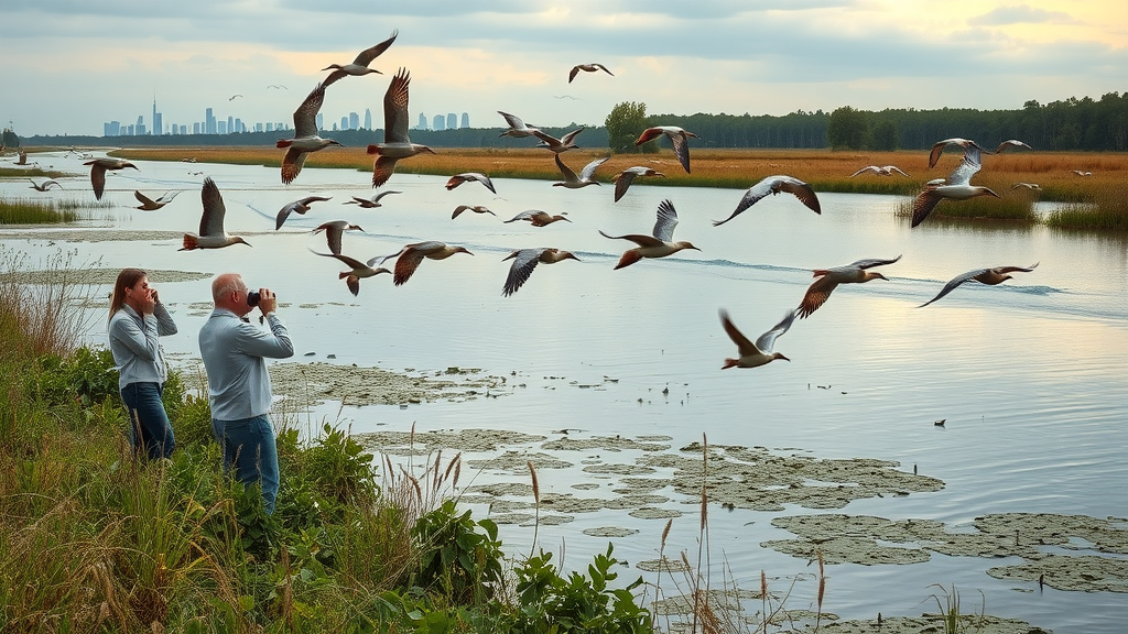 detroit river wetland with native birds and wildlife conservationists - detroit river wildlife refuge