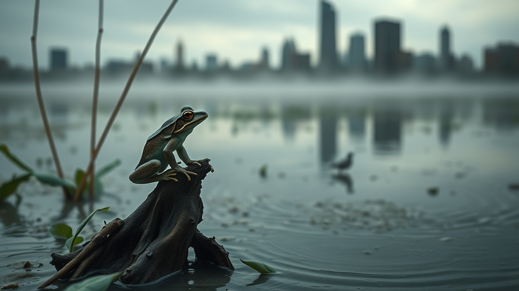 gloomy urban wetland with chorus frog, detroit cityscape, amphibian habitat preservation in detroit