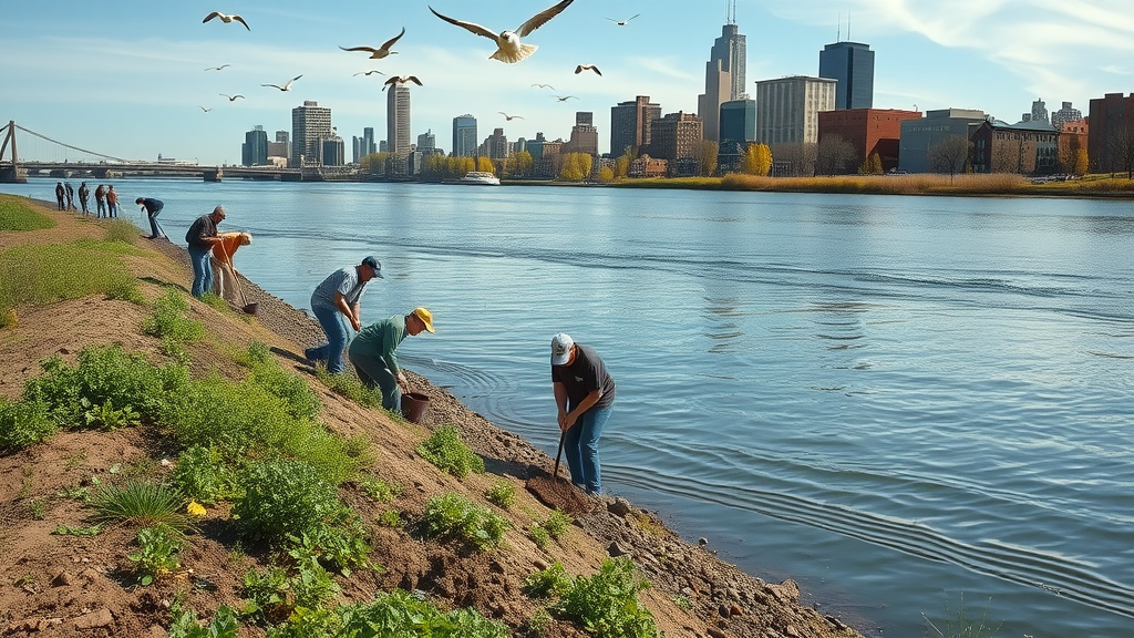 restored detroit river shoreline with volunteers planting, amphibian habitat improvement