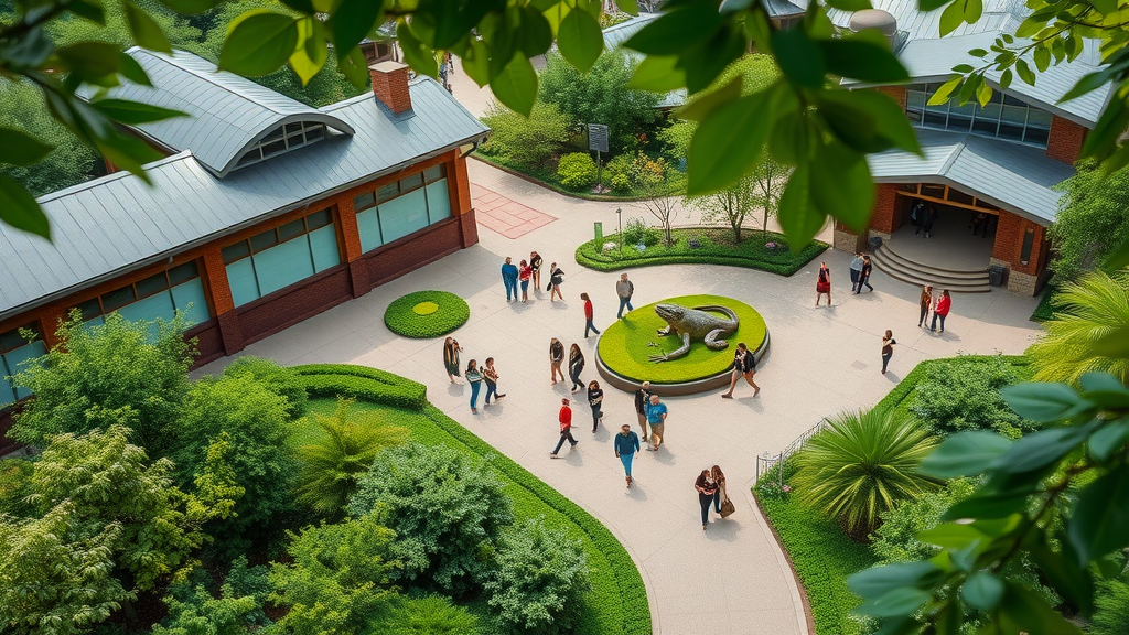 Overhead view of the National Amphibian Conservation Center Detroit, with lush green landscaping and bustling visitors