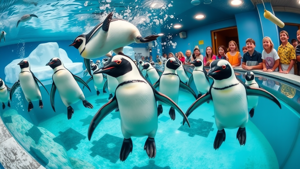 penguin exhibit detroit zoo with swimming penguins and young visitors - polk penguin conservation center