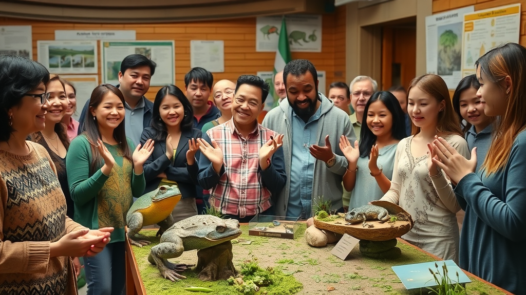 Detroit community members learning about amphibian conservation at a local event, examining frog models and habitats, driven by the Detroit Zoo and national conservation initiatives.