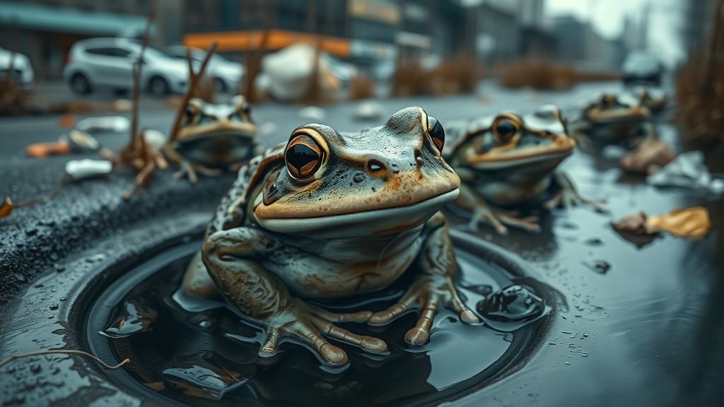 Dramatic image of amphibians facing threats near Detroit city storm drains, showing distressed frog and pollution, urban amphibian conservation Detroit in peril from habitat loss and water contamination.