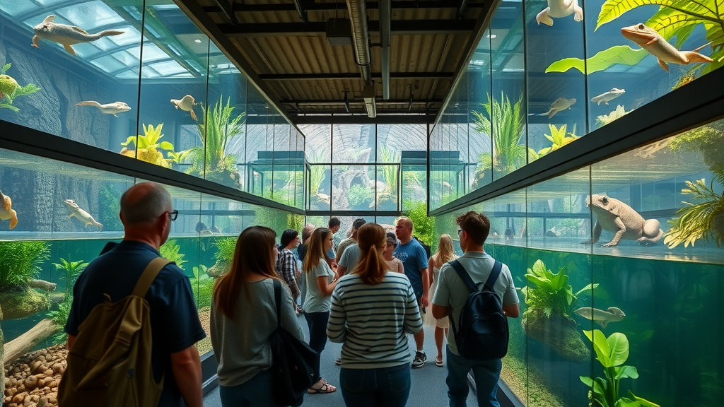 Interior of the National Amphibian Conservation Center Detroit with guests enjoying amphibian exhibits