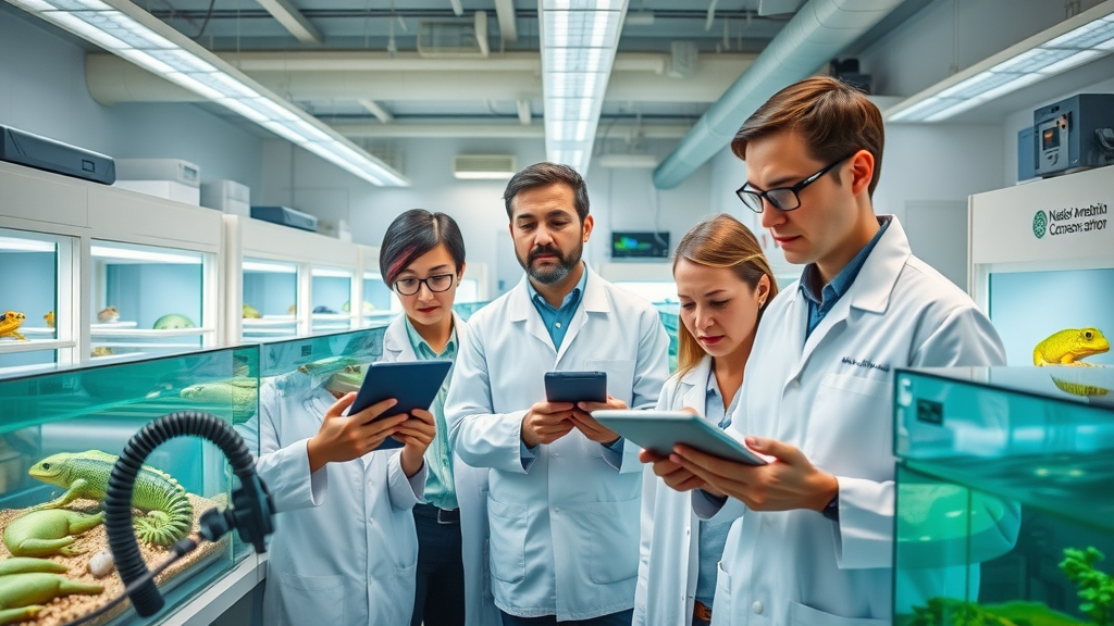 Research team adjusting amphibian habitats at National Amphibian Conservation Center, Detroit - Amphibian breeding program labs with aquariums, researchers with tablets, bright lab lighting