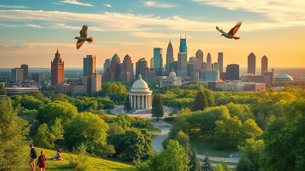Vibrant Detroit cityscape with flourishing green spaces and community members, conservation efforts in Michigan Detroit, metro detroit skyline, lush parks and birds, golden hour sunlight, highly detailed