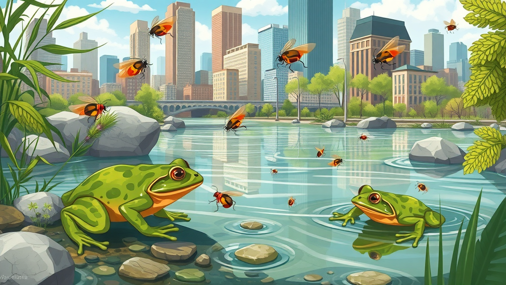 Urban Detroit ecosystem illustration showing amphibians, healthy water and active insect control