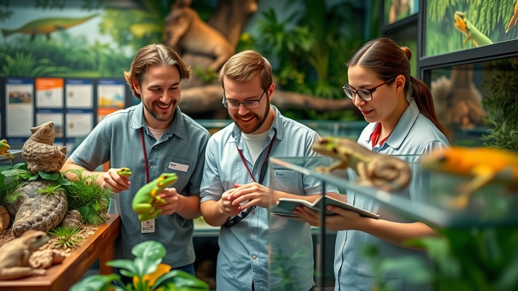 Detroit Zoo staff and conservationists tending to colorful amphibians in modern terrariums, supporting the national amphibian conservation center. High detail of amphibian habitats and educational displays, Detroit Zoological Society at work.