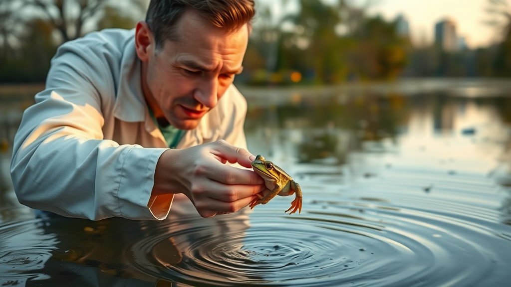 Detroit scientist releasing Panamanian golden frog into wetland for amphibian research and education Detroit