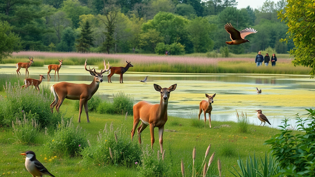Lush Belle Isle landscape, diverse wildlife and serene visitors, conservation efforts in Michigan Detroit, Belle Isle Nature Center, wetlands and wildflowers, highly detailed, Detroit park scenery