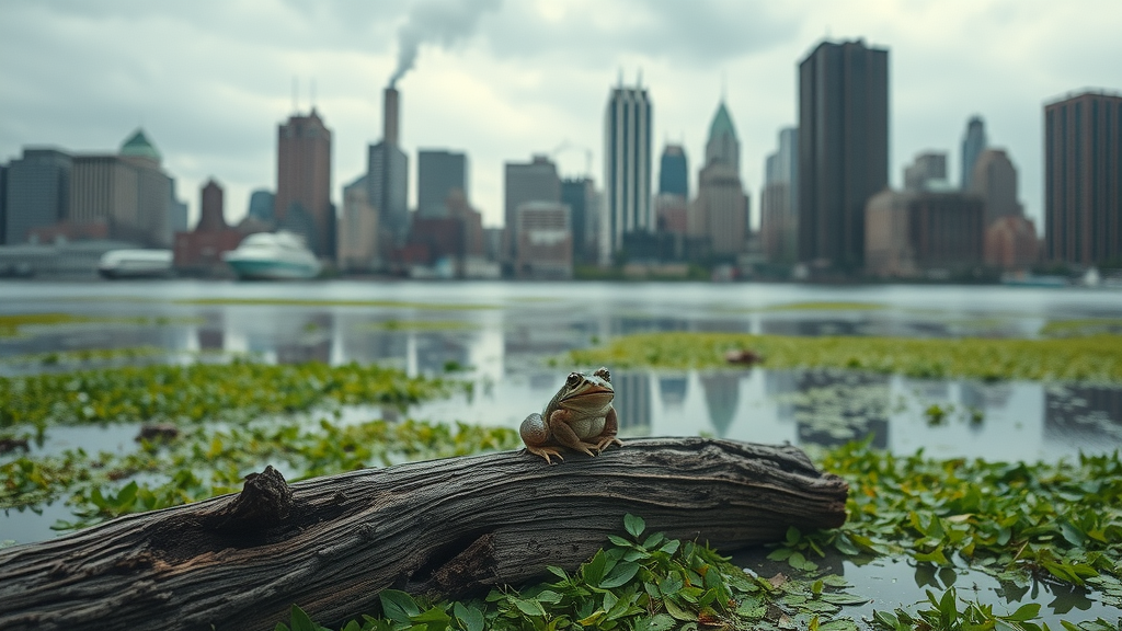 urban wetland fragmentation in detroit, lone frog on broken log, habitat loss