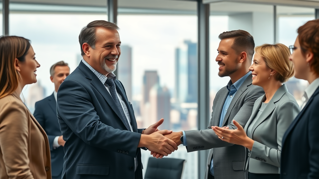 Political candidate shaking hands with Detroit business leaders at the chamber, symbolizing the early 2026 governor