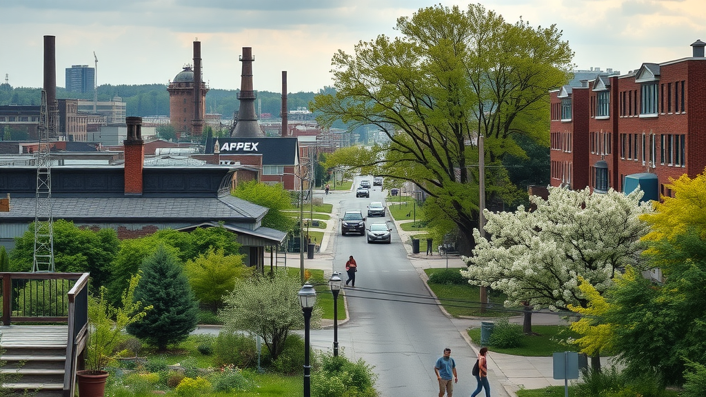 Contrasting Detroit neighborhood, pollution beside rejuvenated green spaces, community clean-up, conservation efforts in Michigan Detroit, environmental challenges and renewal, highly detailed