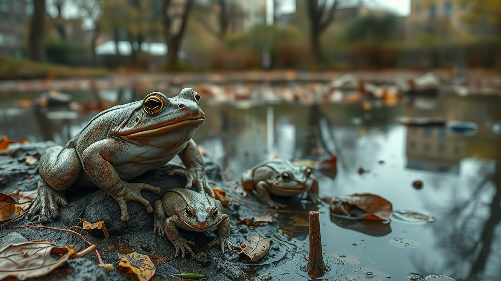 Amphibian conservation Detroit - native frogs and salamanders near polluted water in fragmented urban Detroit wetlands. Highly detailed amphibians with moist skin texture, environmental debris, habitat fragmentation, and polluted runoff.