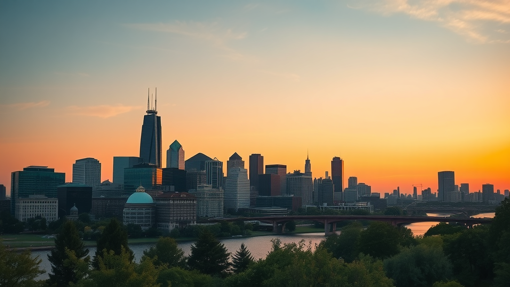 Detroit skyline at sunset with National Amphibian Conservation Center visible