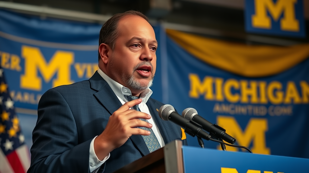 Mike Duggan delivers a thoughtful speech in front of Michigan campaign banners, embodying his leadership qualities.