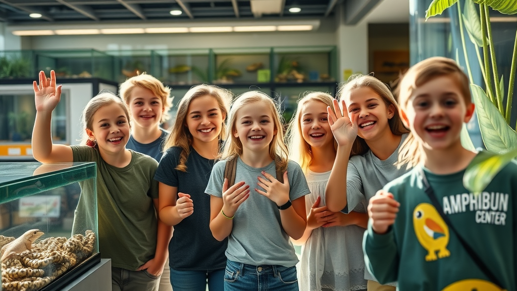 Hopeful Detroit youth group touring National Amphibian Conservation Center, learning about amphibian conservation, with interactive displays and vibrant glass tanks.