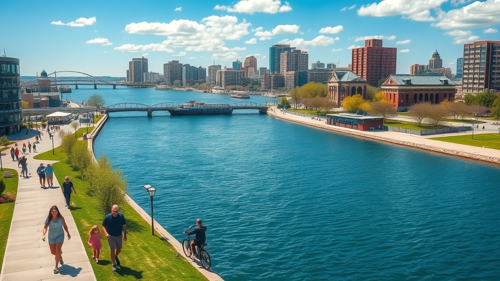 Picturesque Detroit River waterfront with cheerful families and flourishing natural settings, detroit riverfront, cyclists, sparkling river, restoration efforts in Metro Detroit Detroit