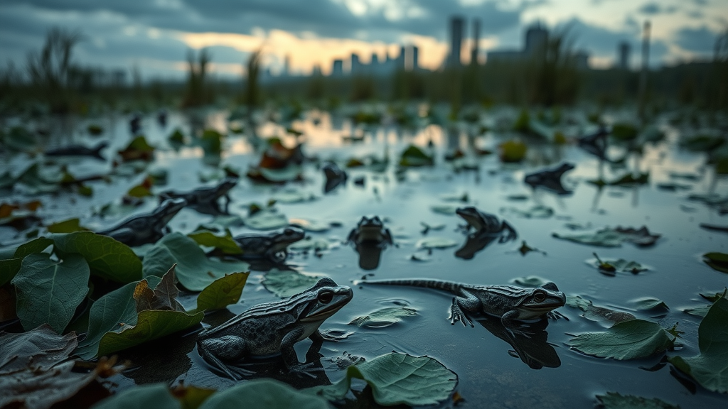 Photorealistic wetland scene in Detroit with vulnerable amphibians and city skyline, conveying urgency in amphibian species protection in Detroit.