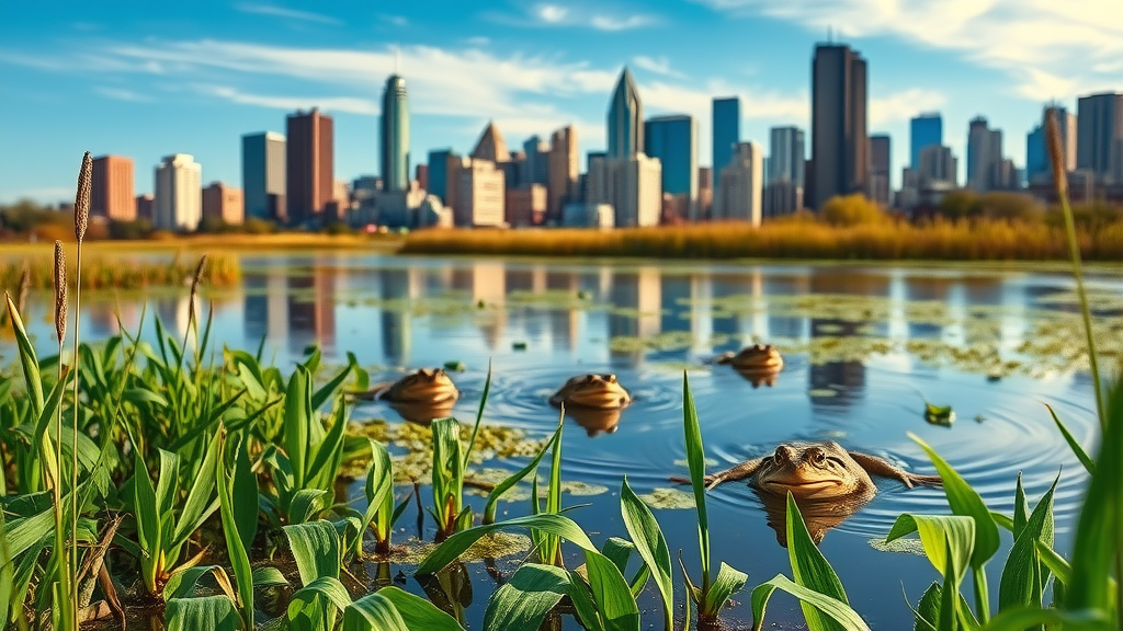 Detroit skyline reflected on wetland with native frogs and salamanders, showcasing amphibian research and education Detroit