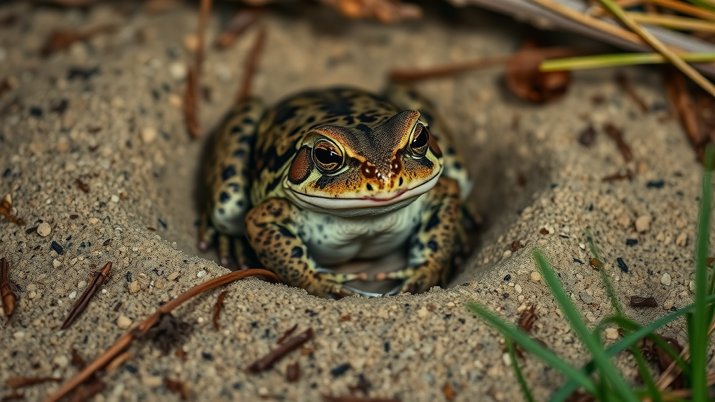 Dusky gopher frog in sandy burrow—endangered amphibian Detroit critical case