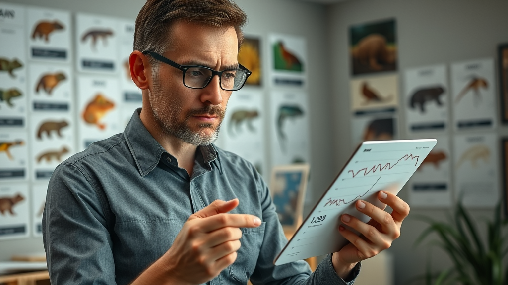 Conservationist studying amphibian population decline statistics on a tablet, indoors at Detroit conservation center with digital data screens and species posters.