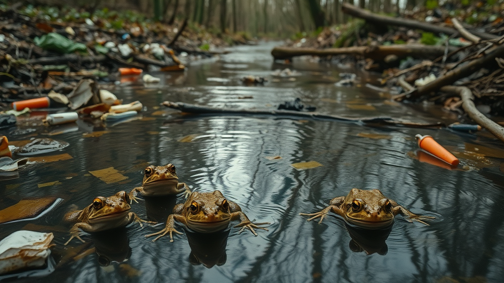 Polluted forest stream with amphibians near Detroit, dirty water, floating debris, and anxious amphibians illustrating urban threats to amphibian species protection in Detroit.
