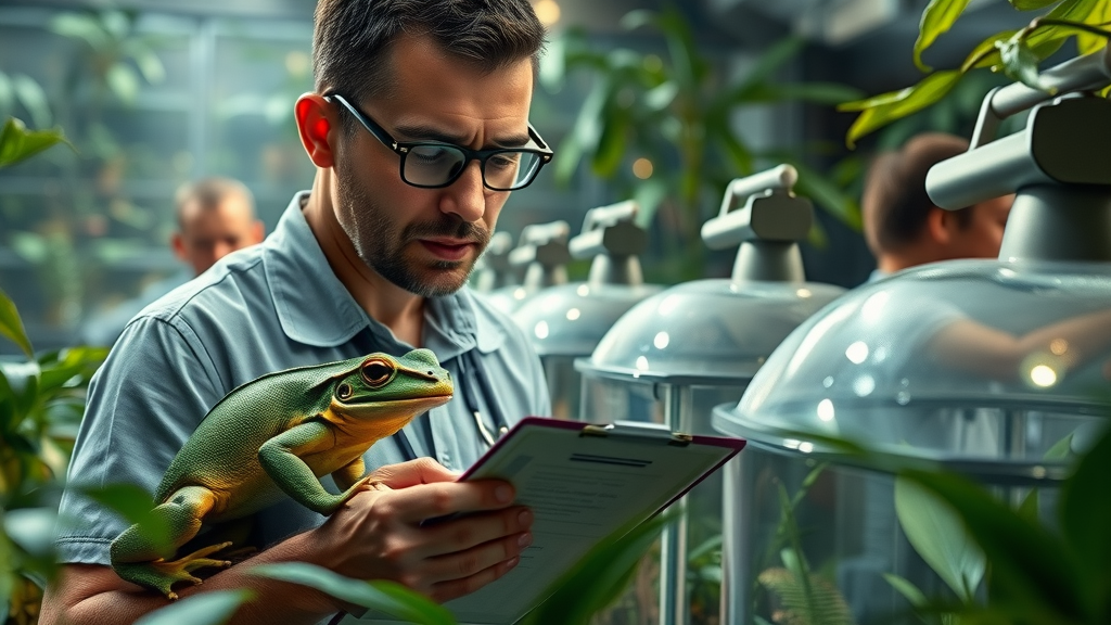 Endangered amphibians under careful observation by a scientist at the national amphibian conservation center in Detroit