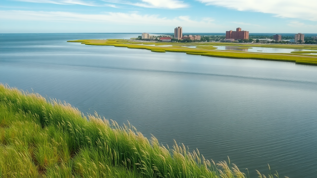 Panoramic view of Great Lakes coastline near Detroit, thriving wetlands, local flora and wildlife, highly detailed, conservation efforts near Metro Detroit