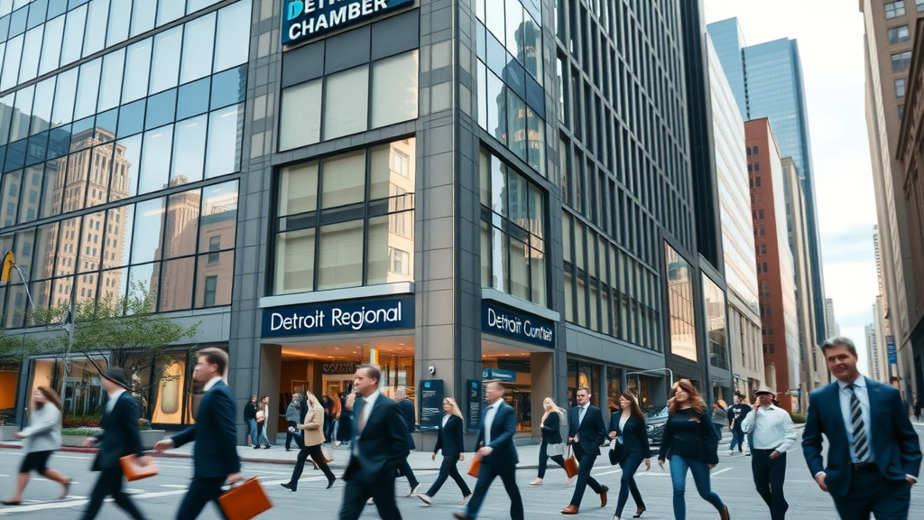 Detroit Regional Chamber headquarters with bustling business professionals in downtown Michigan, reflecting a dynamic political climate.