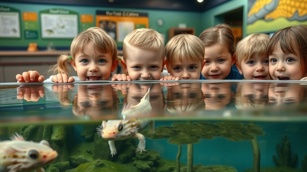 Children at the Detroit Zoo observing axolotls in the amphibian conservation center, learning about endangered amphibians and conservation efforts in Detroit.