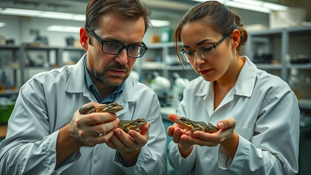 Conservation scientists examining amphibians in Detroit lab for amphibian research and education Detroit