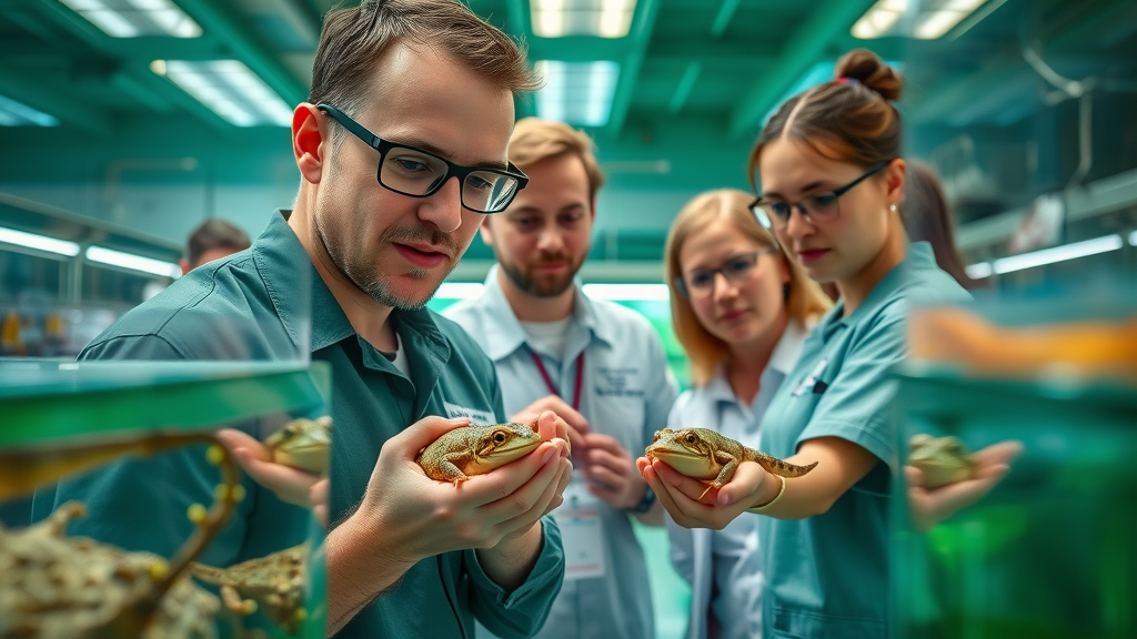 Detroit Zoo team members and biologists working diligently in the amphibian conservation center, surrounded by lifelike vivarium tanks and conservation equipment.