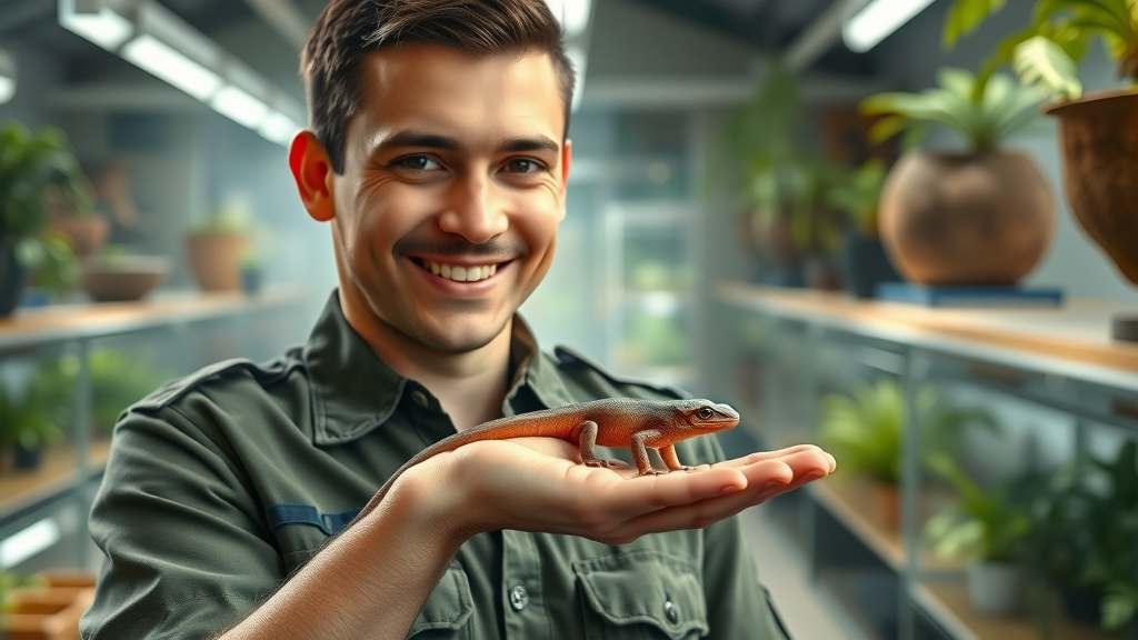Detroit Zoological Society keeper with rare salamander—amphibian conservation at Detroit Zoo