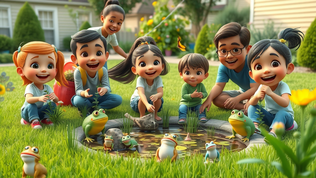 Detroit families building backyard amphibian habitats for conservation, children and parents planting native vegetation by a garden pond in suburban Detroit, fostering tree frogs and salamanders, supporting amphibian conservation Detroit.