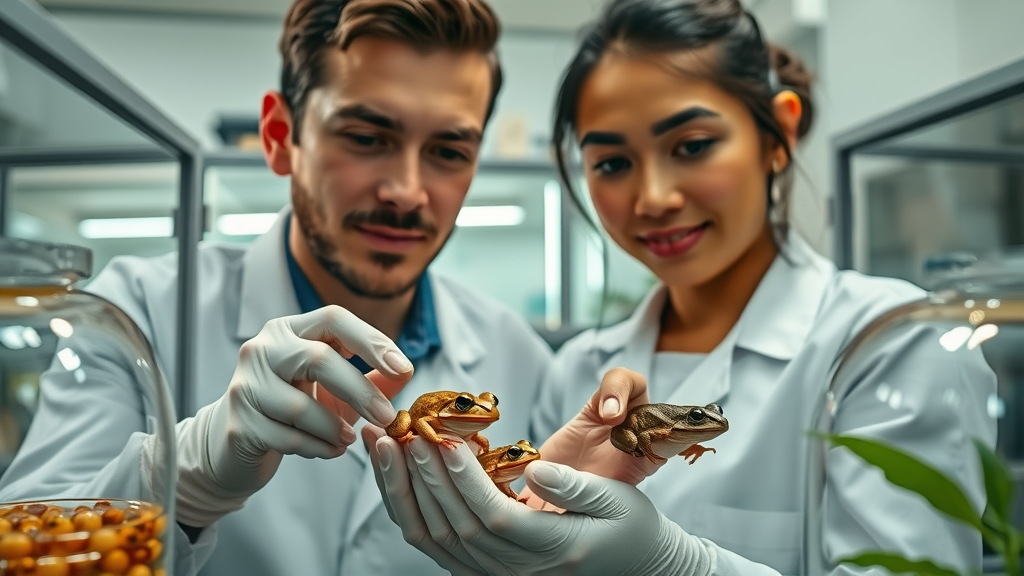 Conservationists caring for Panamanian golden frogs at the Detroit amphibian conservation center