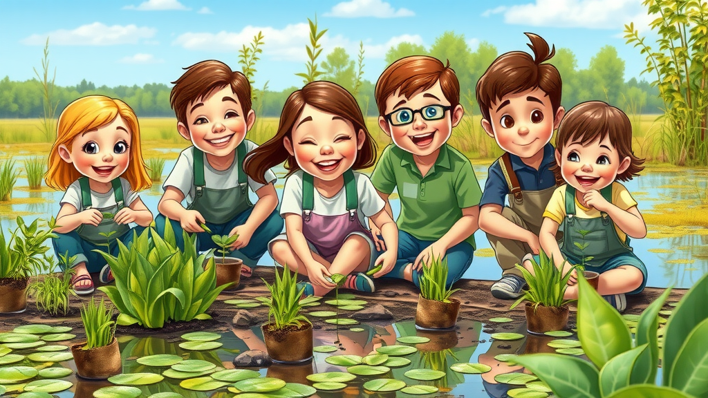 Families and volunteers restoring frog habitats in Detroit wetlands, amphibian breeding programs Detroit support - Cartoon style, lively action, native vegetation