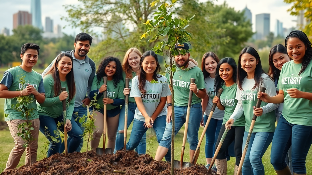 Community tree planting event, Detroit volunteers planting saplings, urban park with skyline in background, conservation efforts in Michigan Detroit, community engagement and teamwork, highly detailed