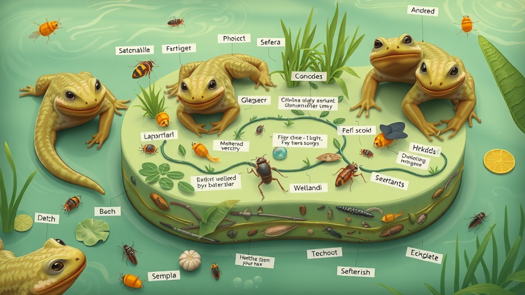 Illustrative cross-section of Detroit wetland ecosystem showing amphibians as keystone species controlling insects and supporting water quality.