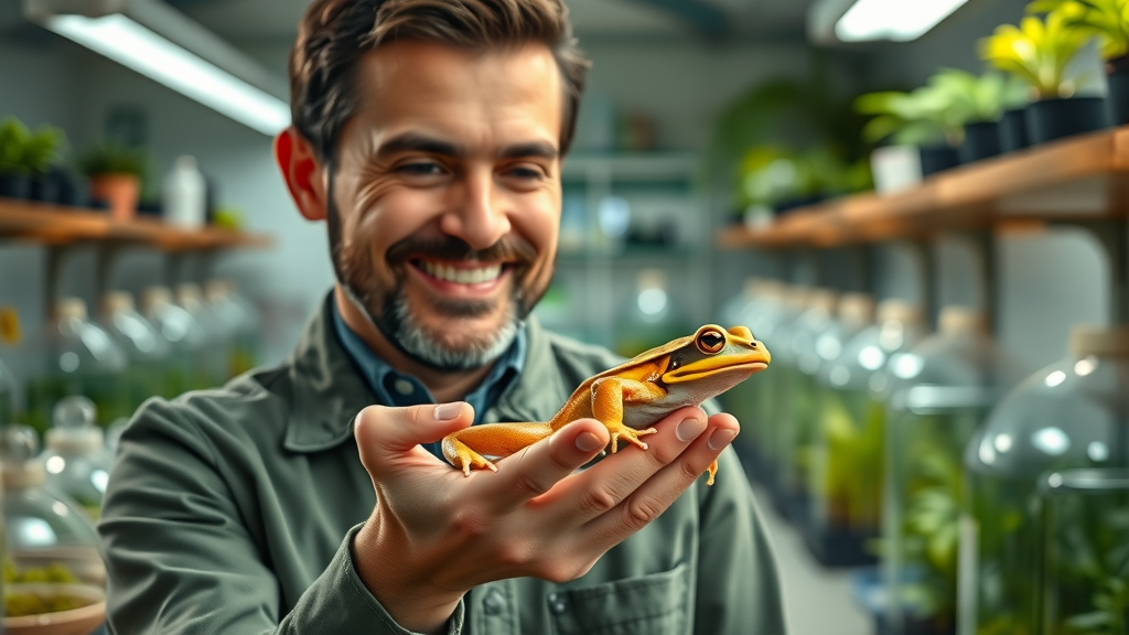 Conservation specialist at Detroit Zoo gently handling rare golden frog in scientific lab - High detail, terrariums, ambient greenery, Panamanian golden frog conservation